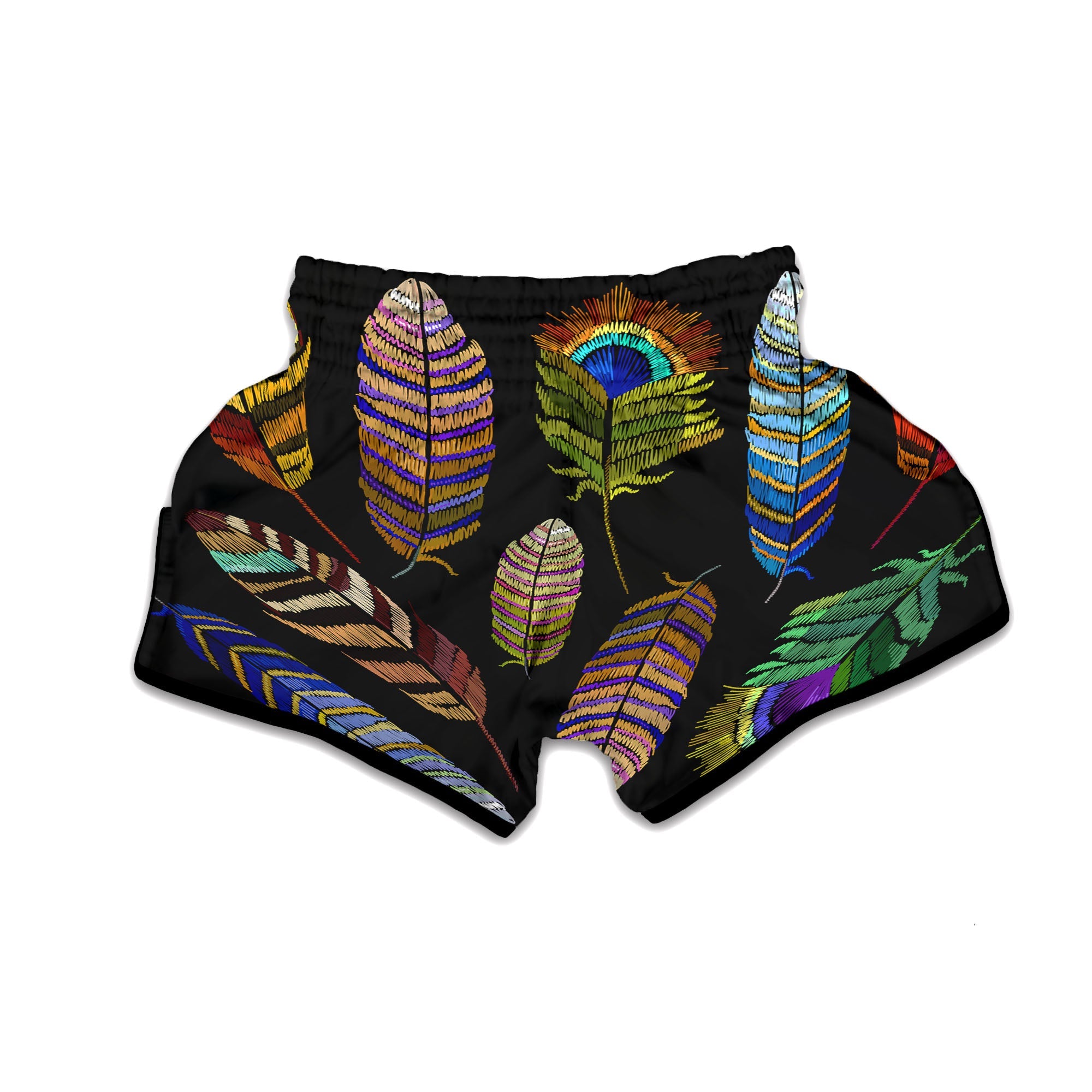 Feather Embroidery Peacock Print Muay Thai Boxing Shorts-grizzshop