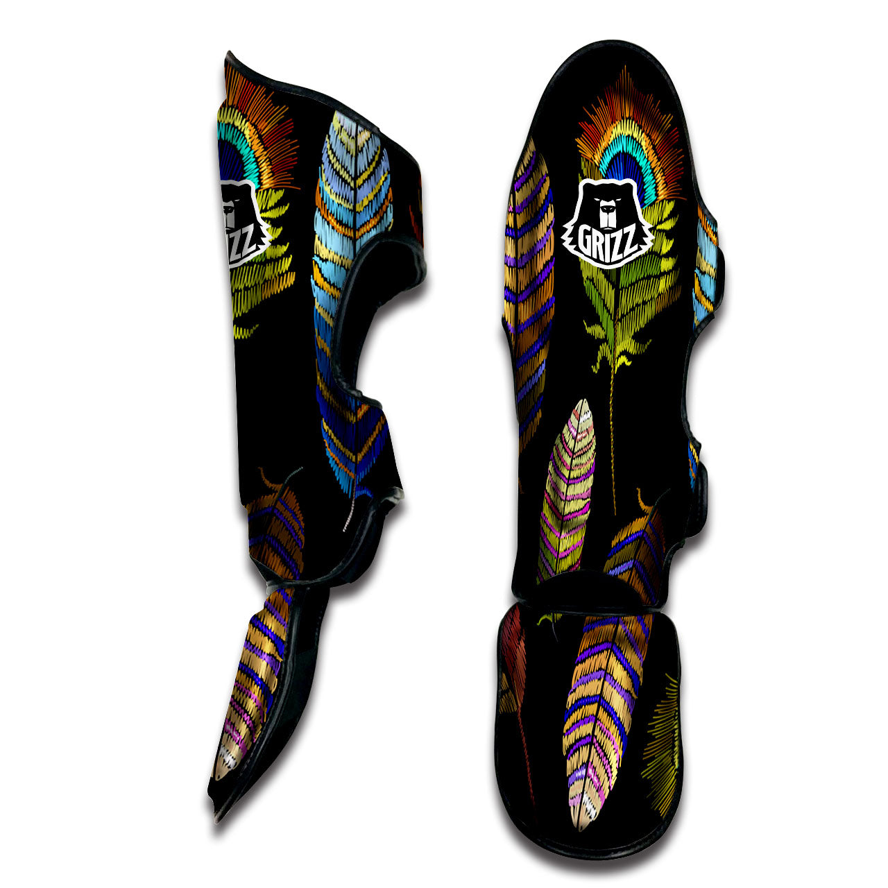 Feather Embroidery Peacock Print Muay Thai Shin Guards-grizzshop