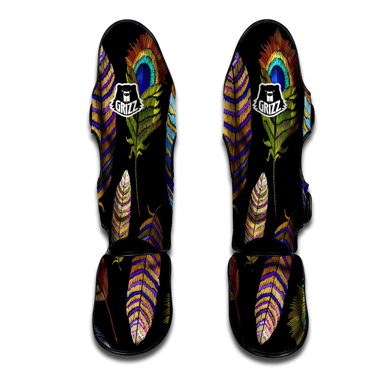 Feather Embroidery Peacock Print Muay Thai Shin Guards-grizzshop