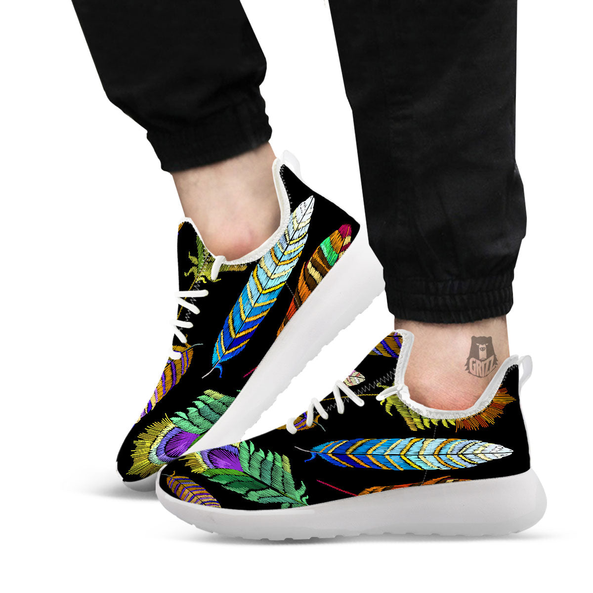 Feather Embroidery Peacock Print White Athletic Shoes-grizzshop