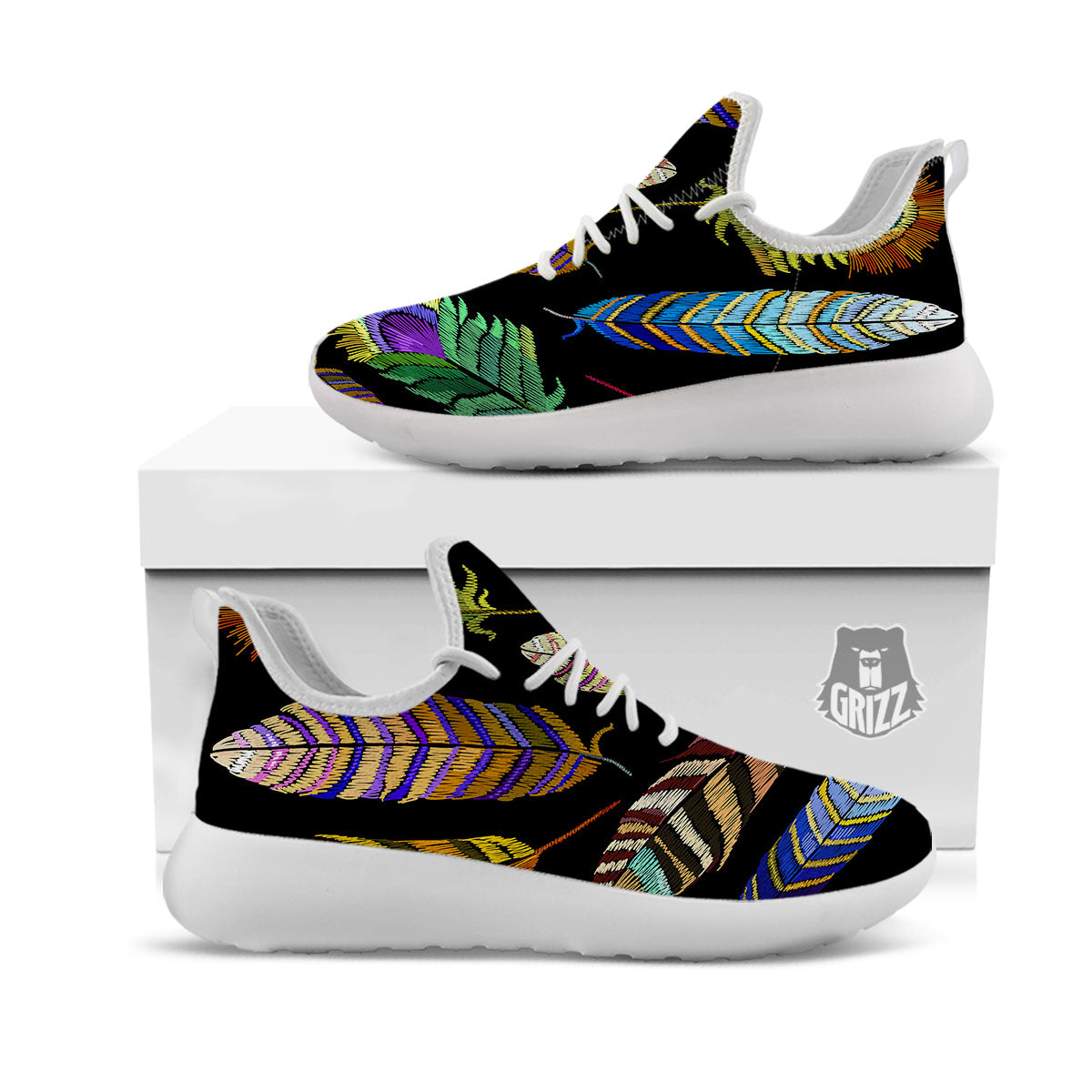 Feather Embroidery Peacock Print White Athletic Shoes-grizzshop
