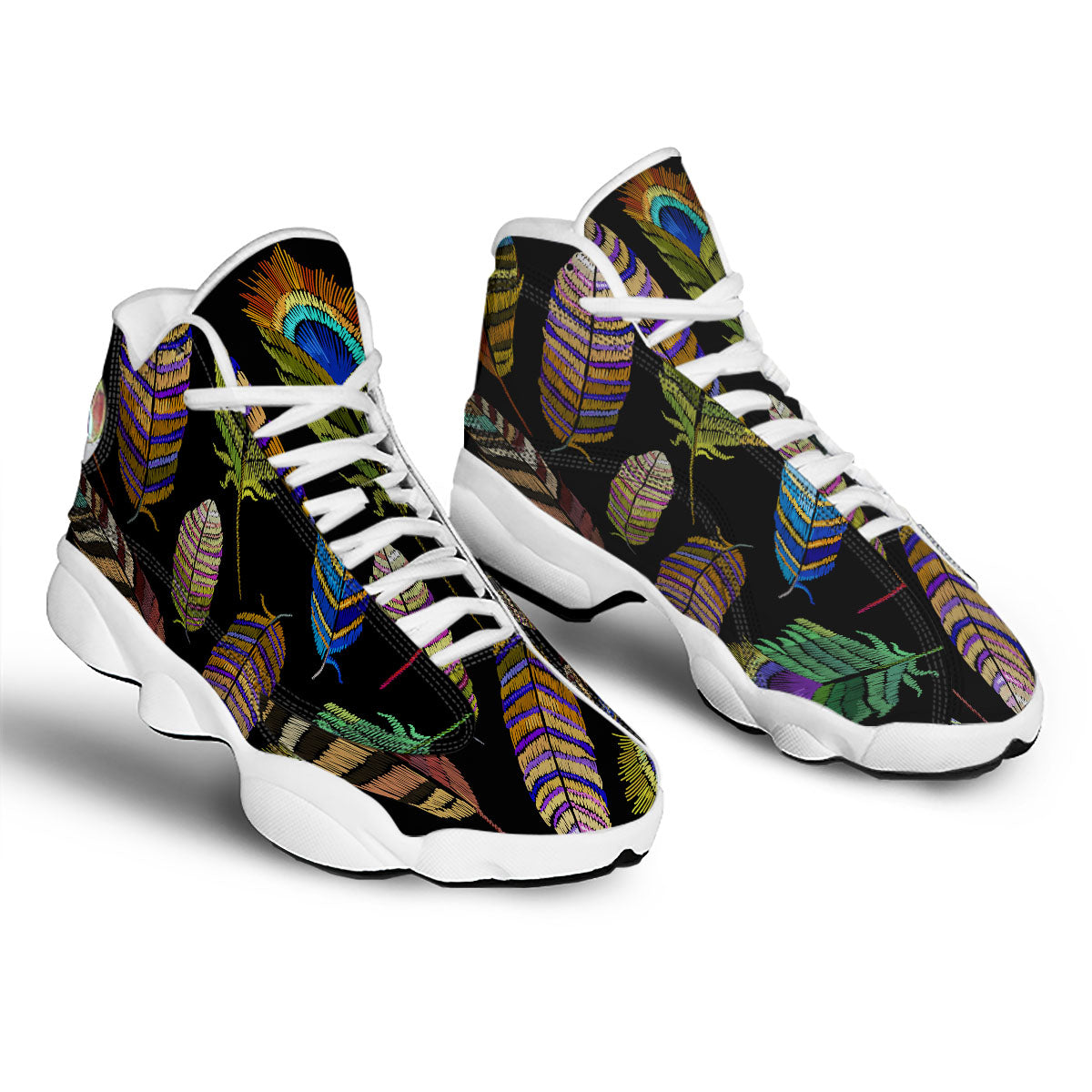Feather Embroidery Peacock Print White Basketball Shoes-grizzshop