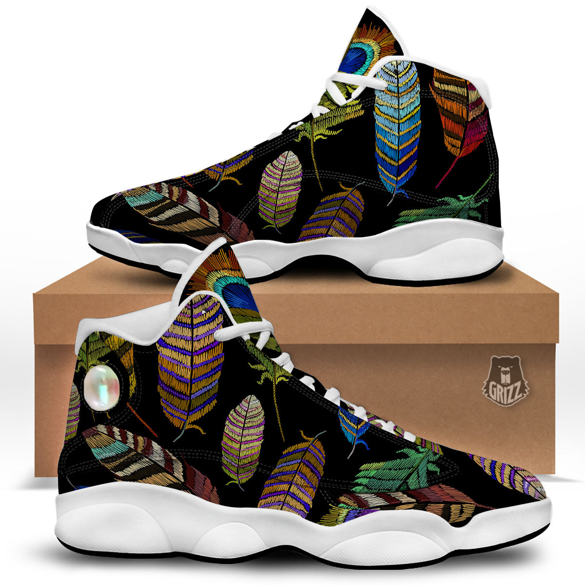 Feather Embroidery Peacock Print White Basketball Shoes-grizzshop