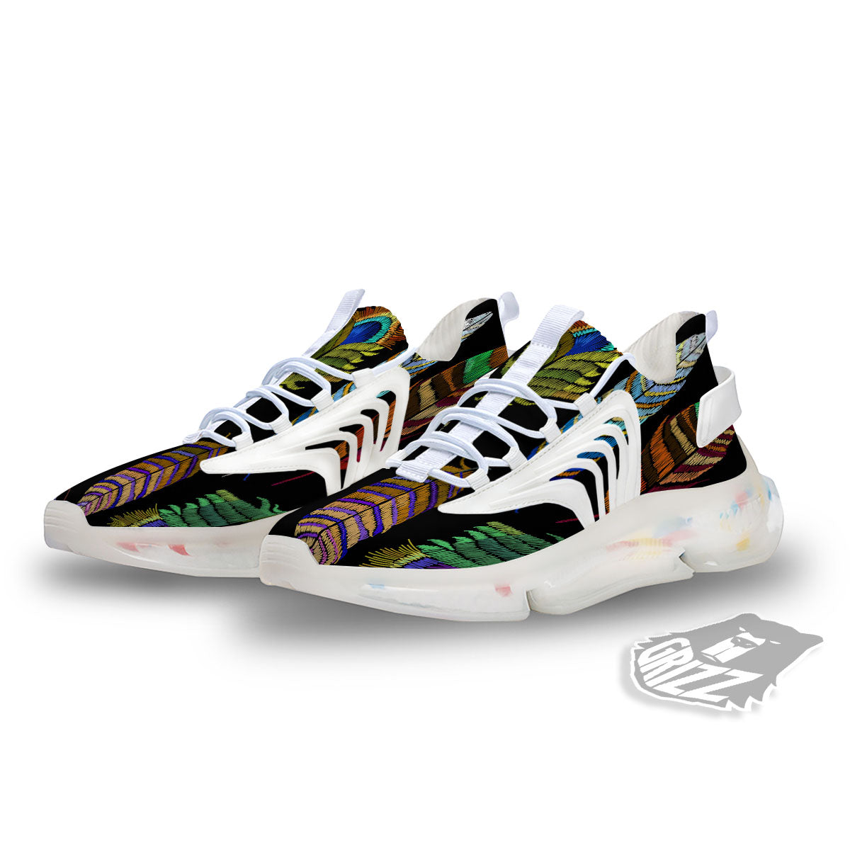 Feather Embroidery Peacock Print White Gym Shoes-grizzshop