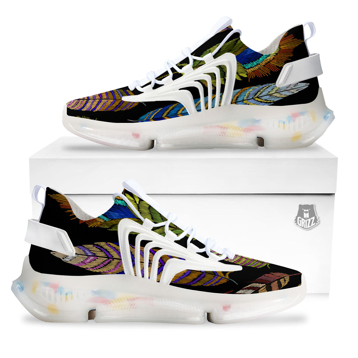 Feather Embroidery Peacock Print White Gym Shoes-grizzshop