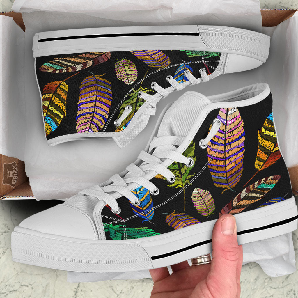 Feather Embroidery Peacock Print White High Top Shoes-grizzshop