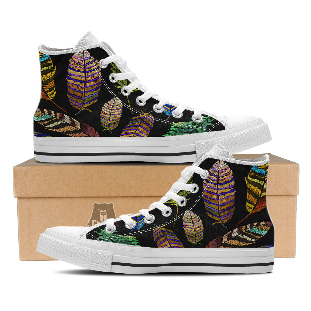 Feather Embroidery Peacock Print White High Top Shoes-grizzshop