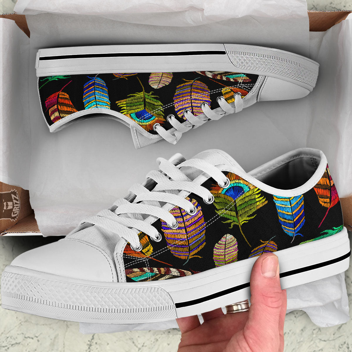 Feather Embroidery Peacock Print White Low Top Shoes-grizzshop