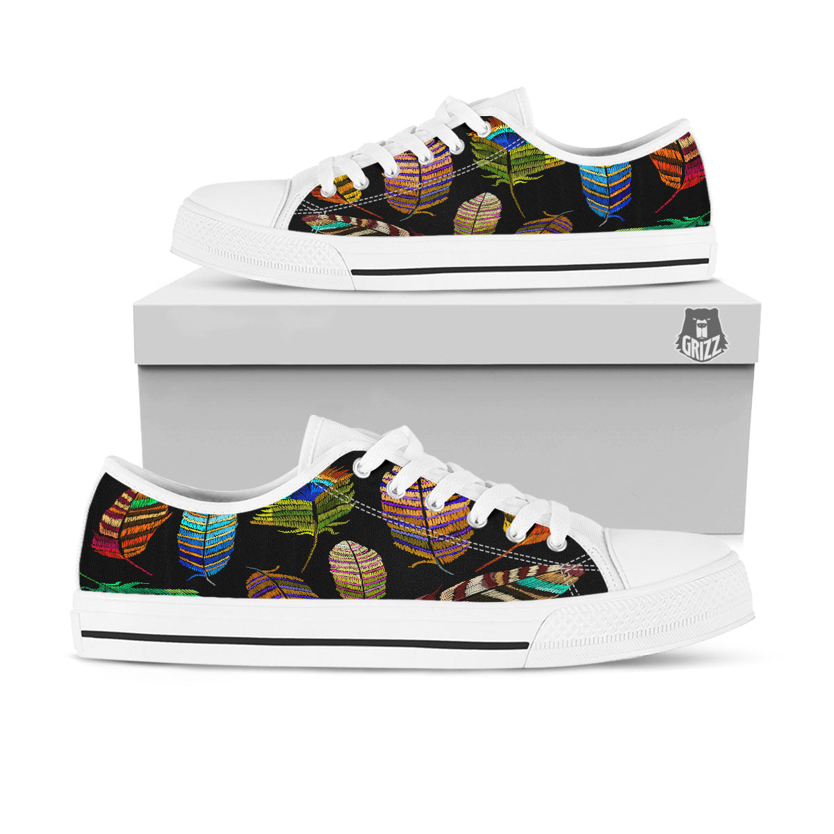 Feather Embroidery Peacock Print White Low Top Shoes-grizzshop