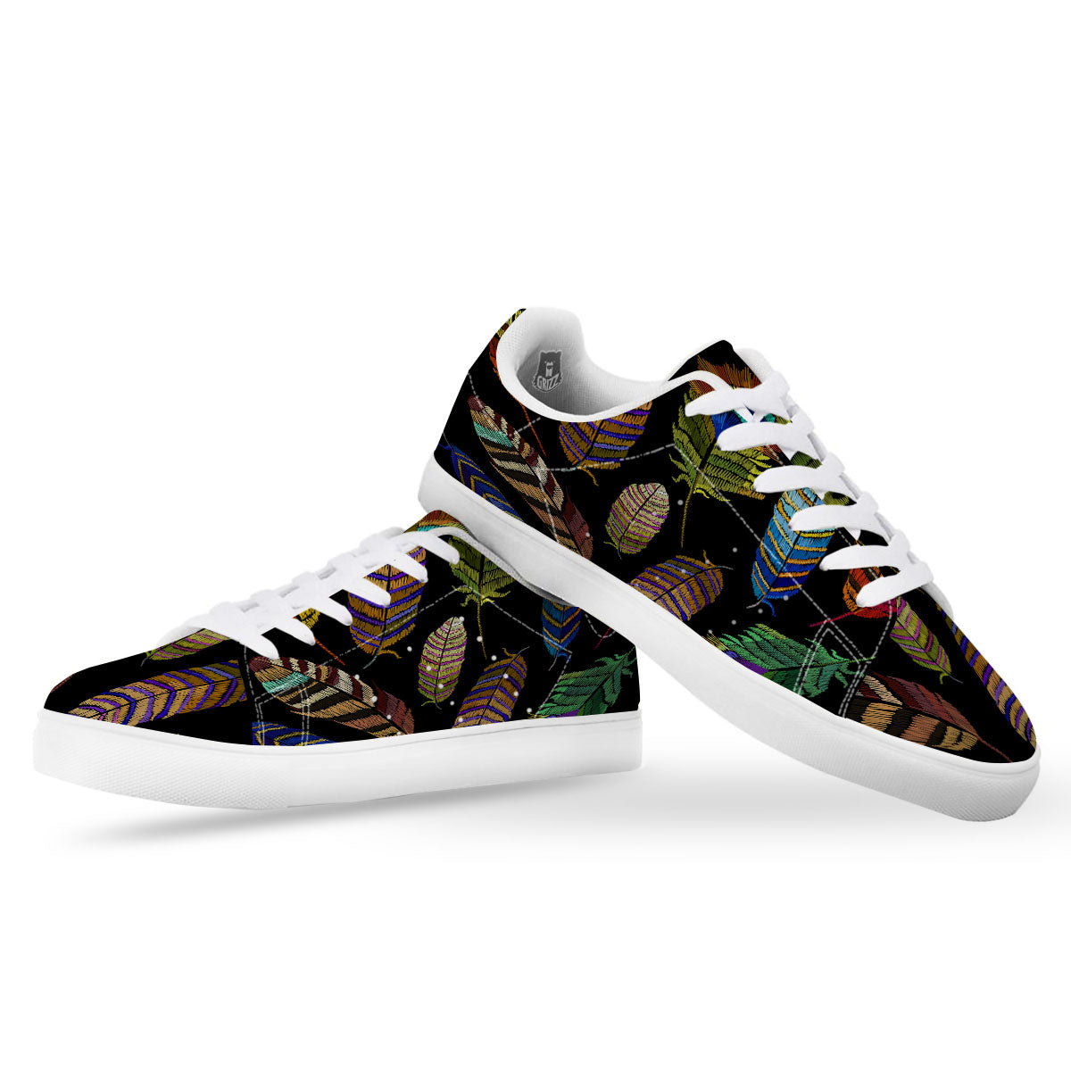 Feather Embroidery Peacock Print White Low Top Sneakers-grizzshop