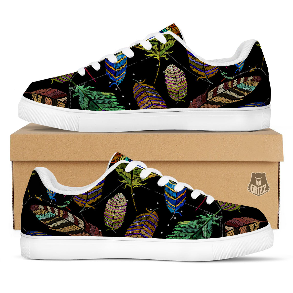 Feather Embroidery Peacock Print White Low Top Sneakers-grizzshop