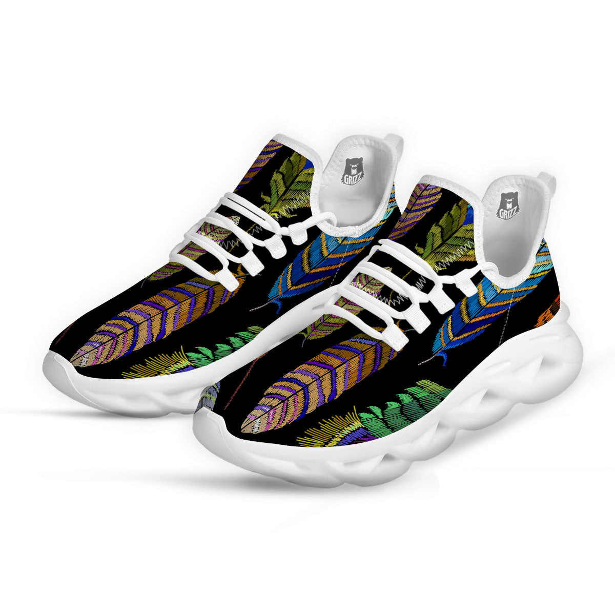 Feather Embroidery Peacock Print White Running Shoes-grizzshop