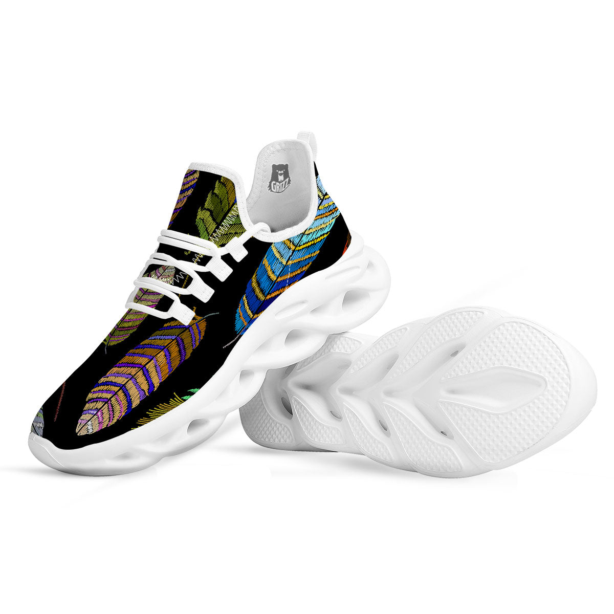 Feather Embroidery Peacock Print White Running Shoes-grizzshop