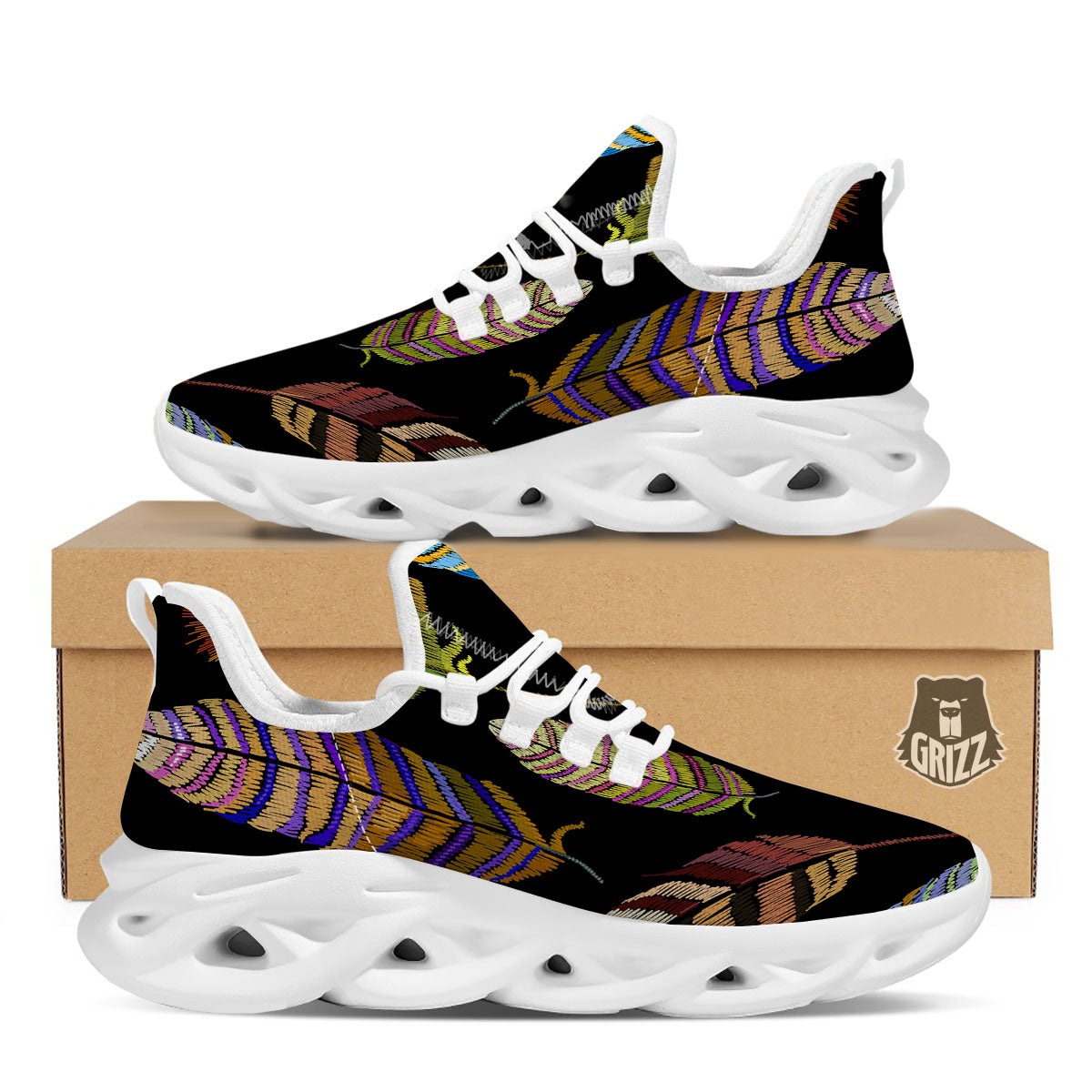 Feather Embroidery Peacock Print White Running Shoes-grizzshop