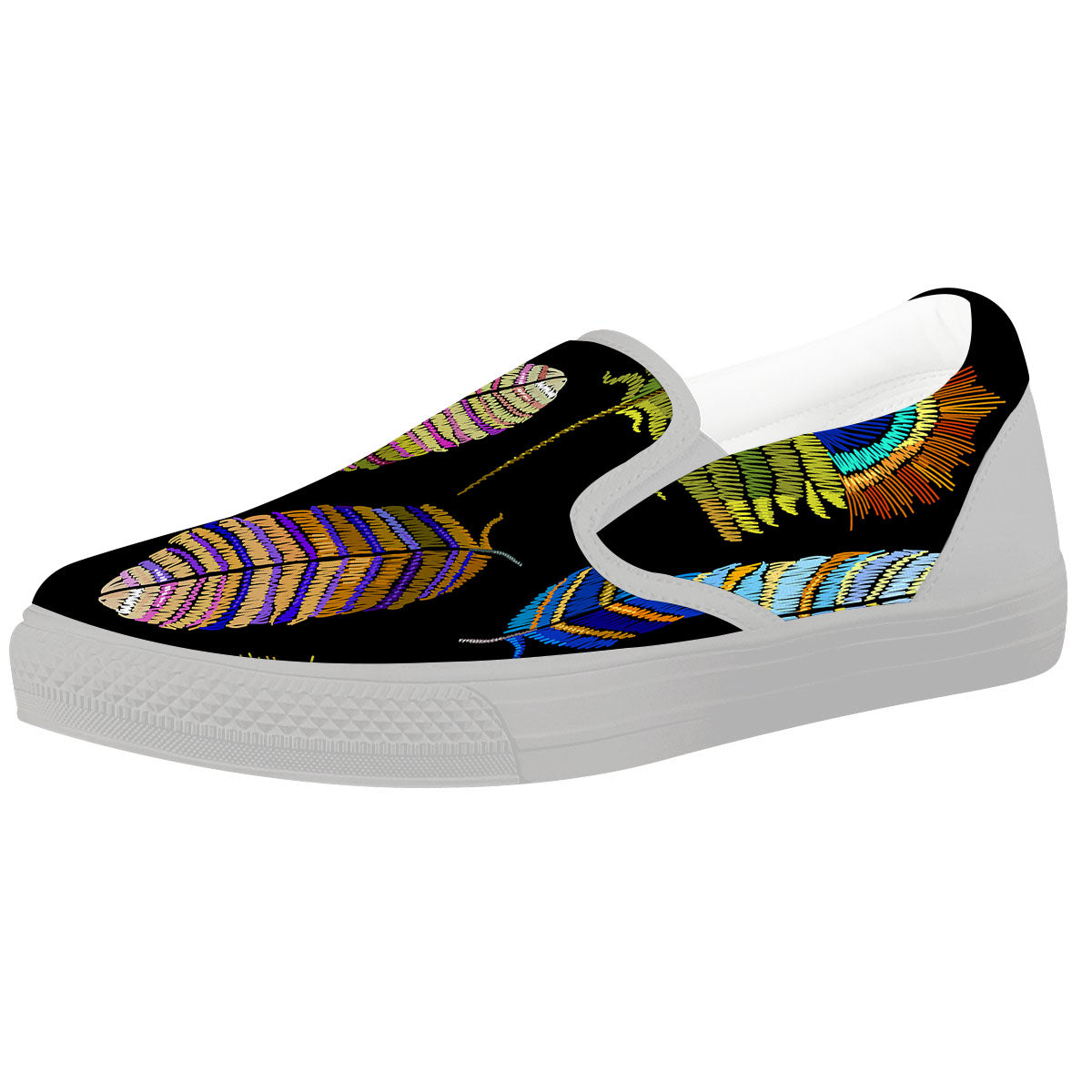 Feather Embroidery Peacock Print White Slip On Shoes-grizzshop