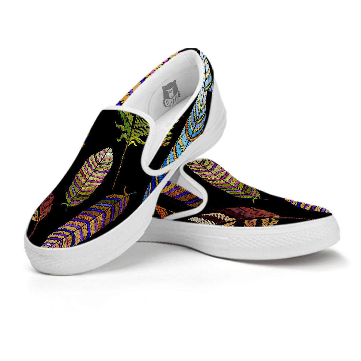 Feather Embroidery Peacock Print White Slip On Shoes-grizzshop