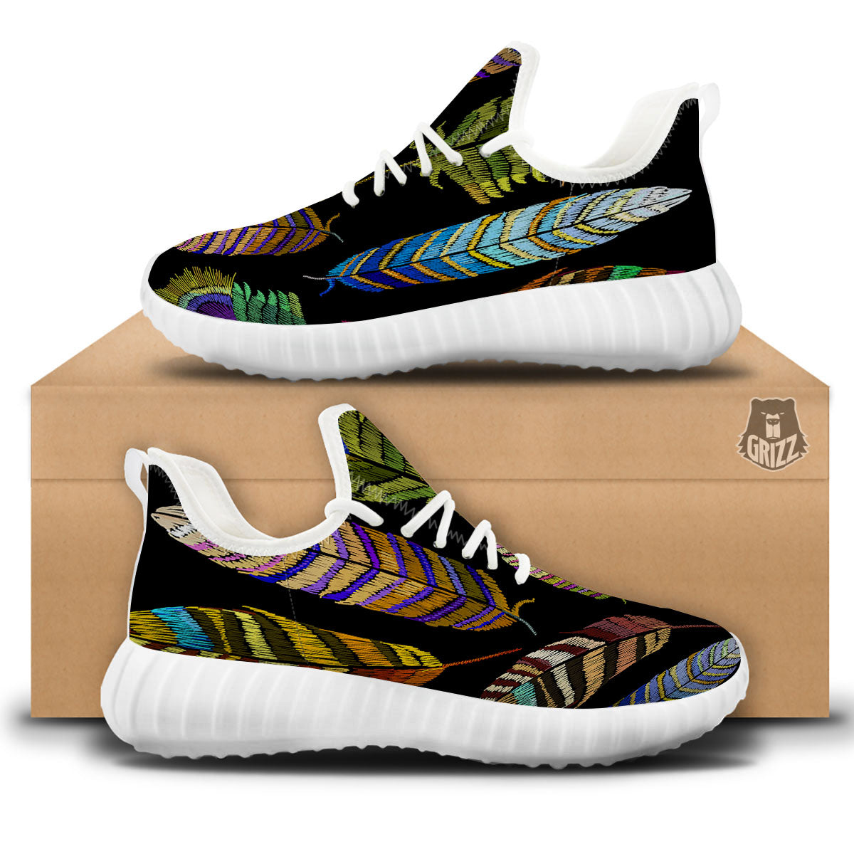 Feather Embroidery Peacock Print White Walking Shoes-grizzshop