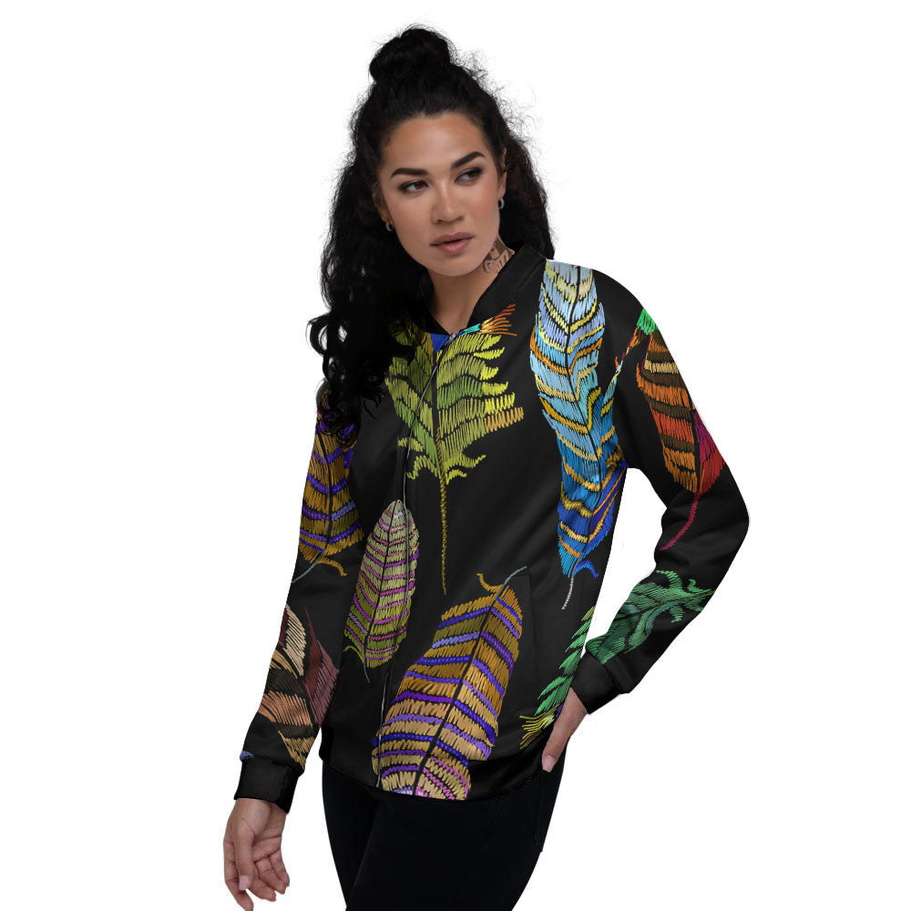 Feather Embroidery Peacock Print Women's Bomber Jacket-grizzshop