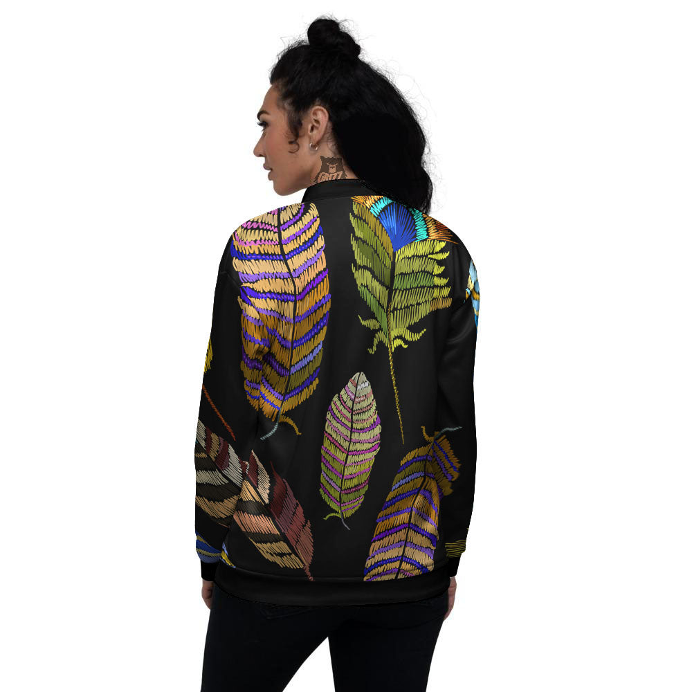 Feather Embroidery Peacock Print Women's Bomber Jacket-grizzshop