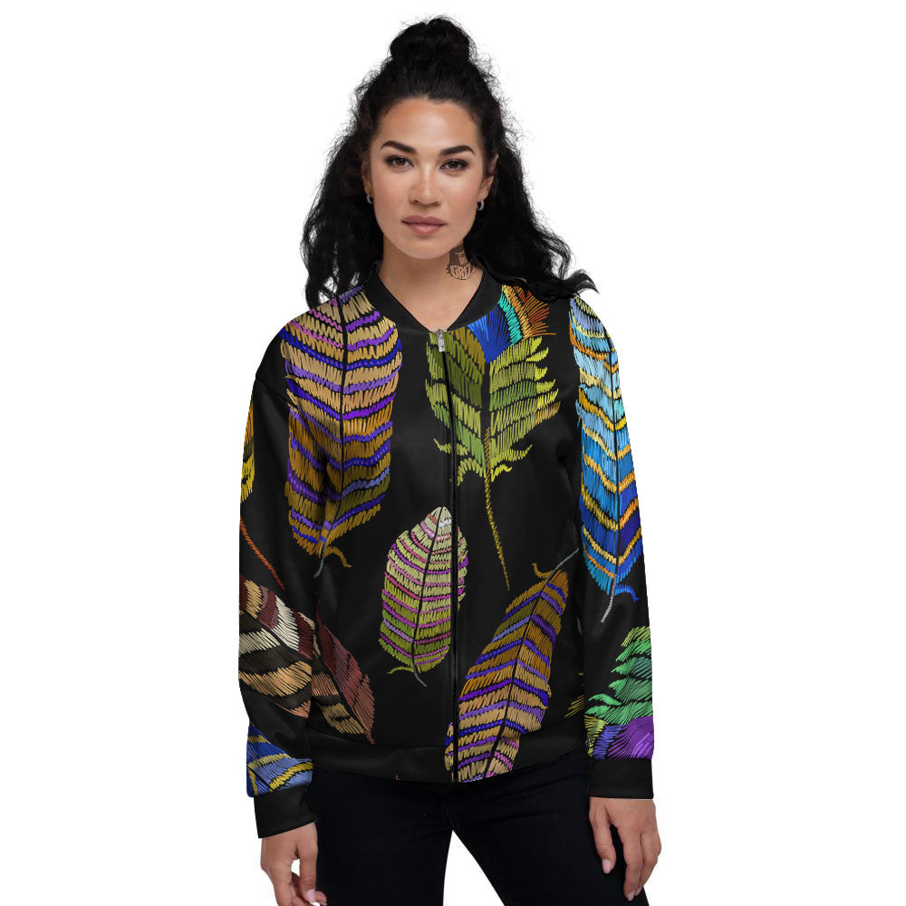 Feather Embroidery Peacock Print Women's Bomber Jacket-grizzshop
