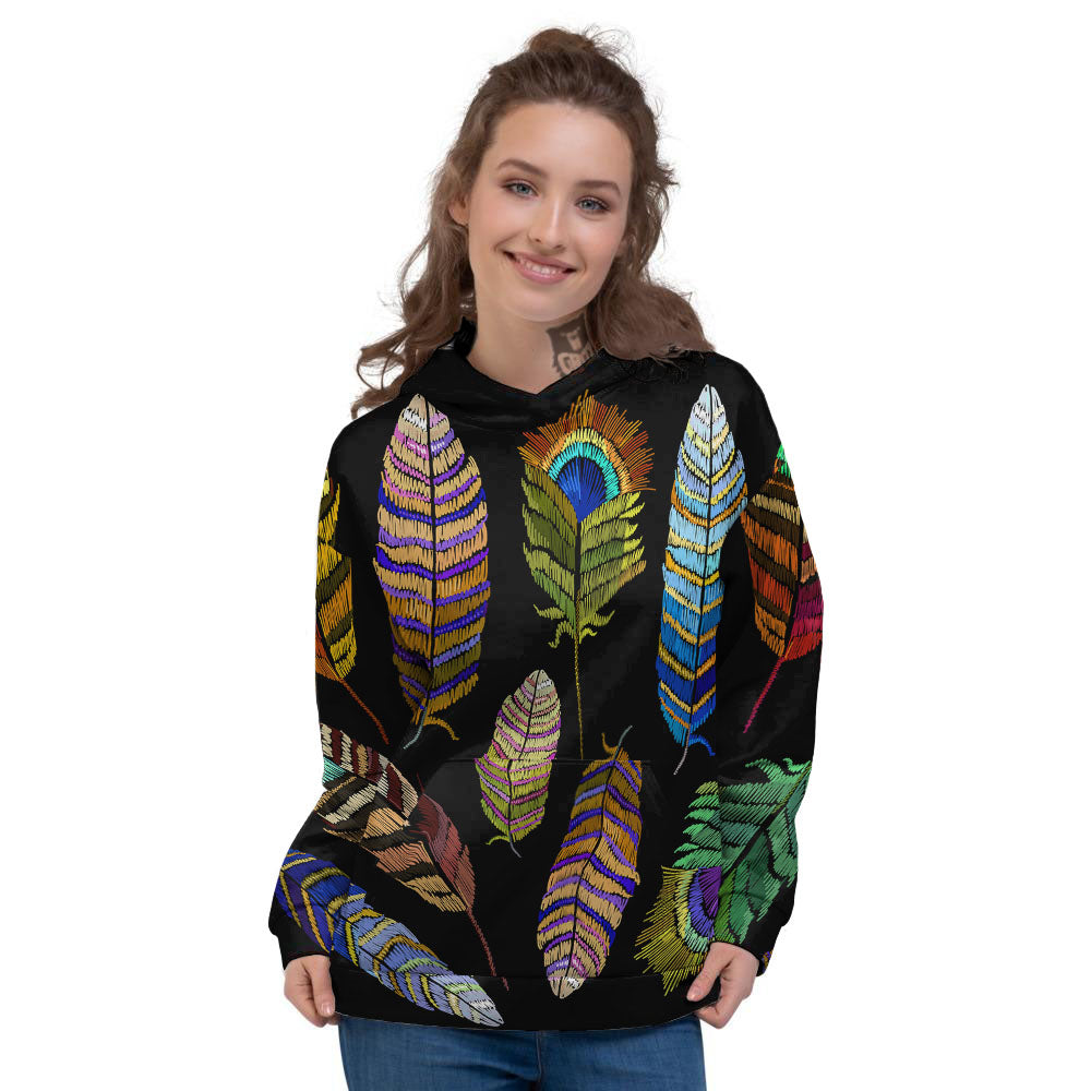 Feather Embroidery Peacock Print Women's Hoodie-grizzshop