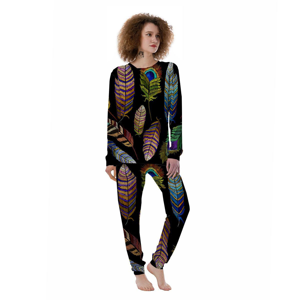 Feather Embroidery Peacock Print Women's Pajamas-grizzshop