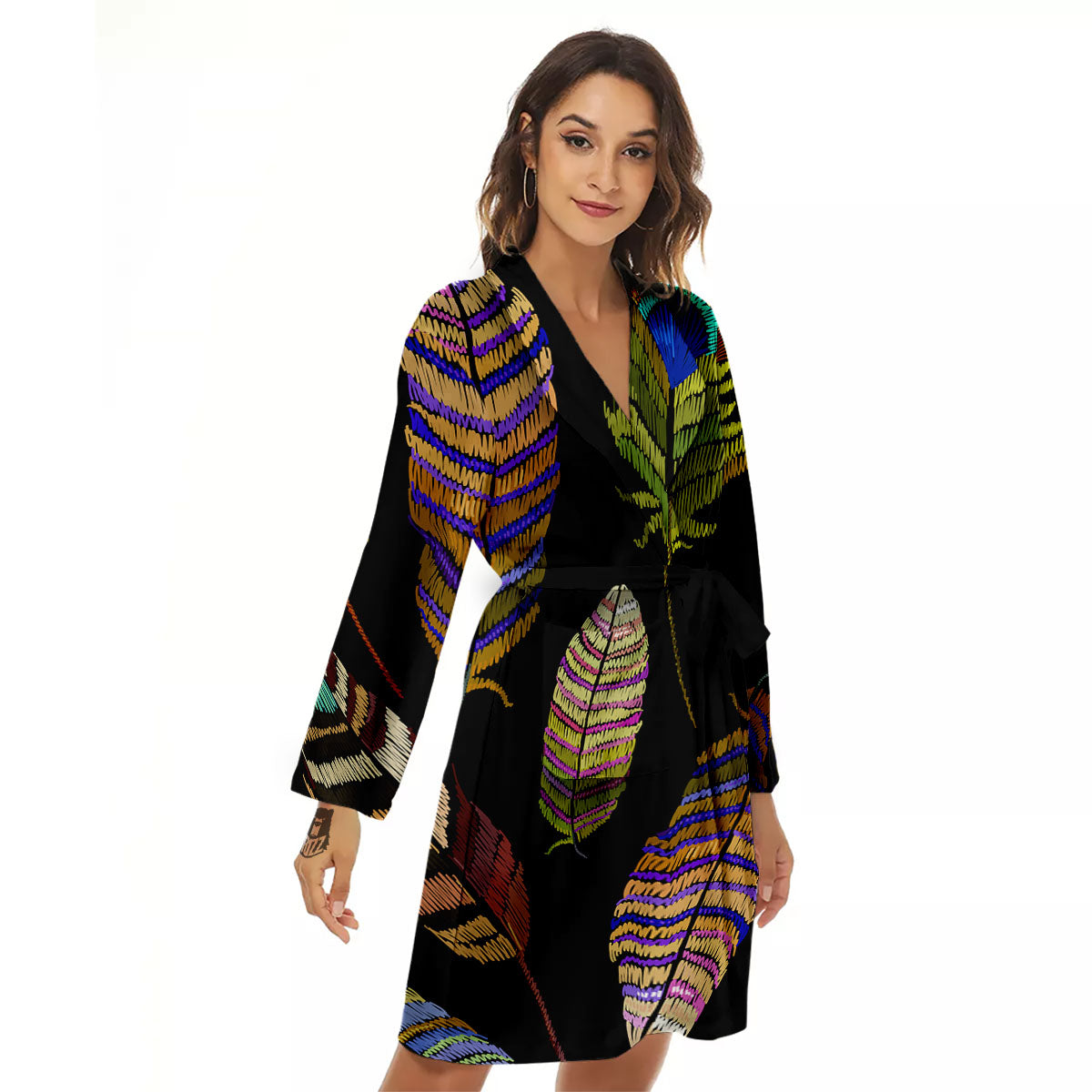 Feather Embroidery Peacock Print Women's Robe-grizzshop
