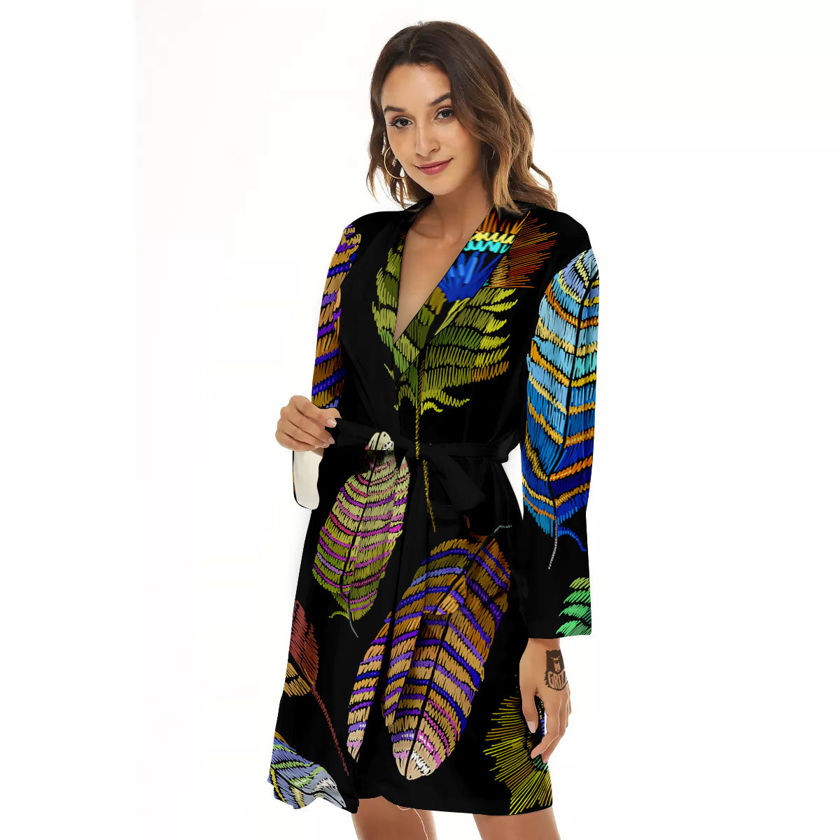 Feather Embroidery Peacock Print Women's Robe-grizzshop