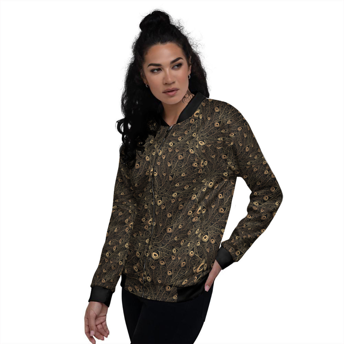 Feather Gold And Black Print Pattern Women's Bomber Jacket-grizzshop