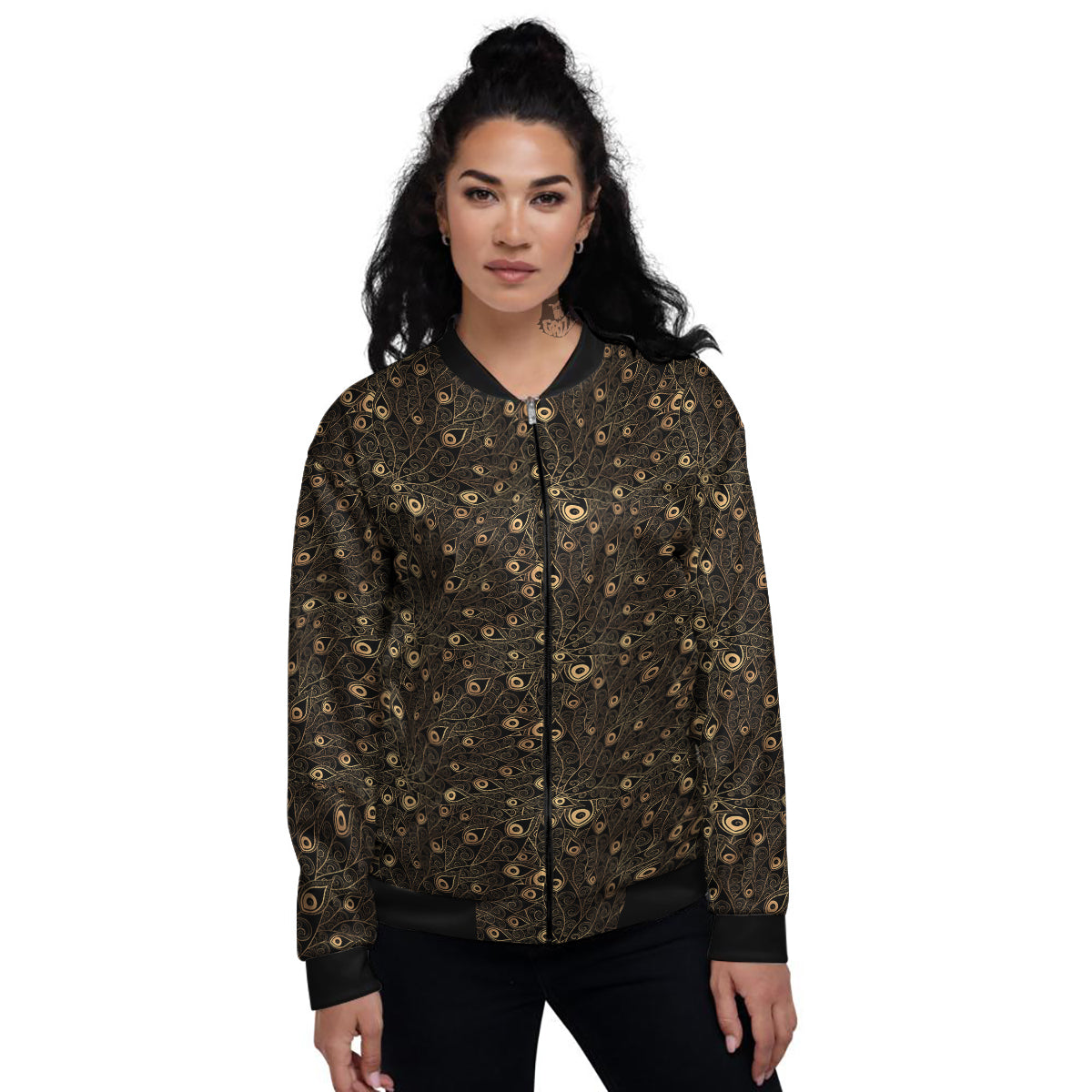 Feather Gold And Black Print Pattern Women's Bomber Jacket-grizzshop