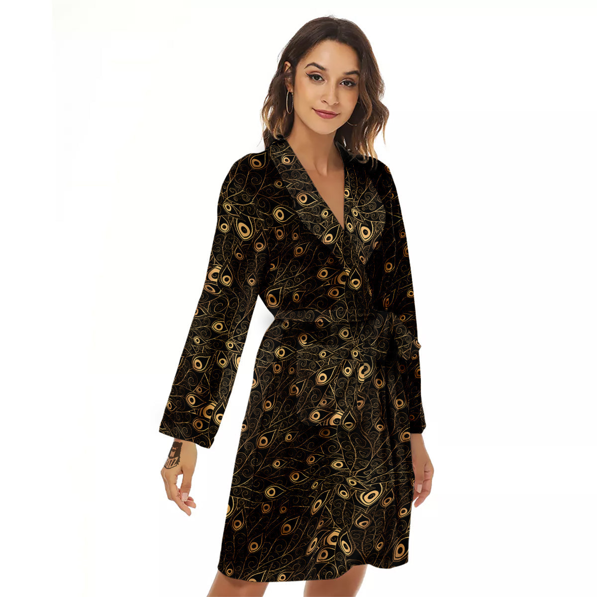 Feather Gold And Black Print Pattern Women's Robe-grizzshop