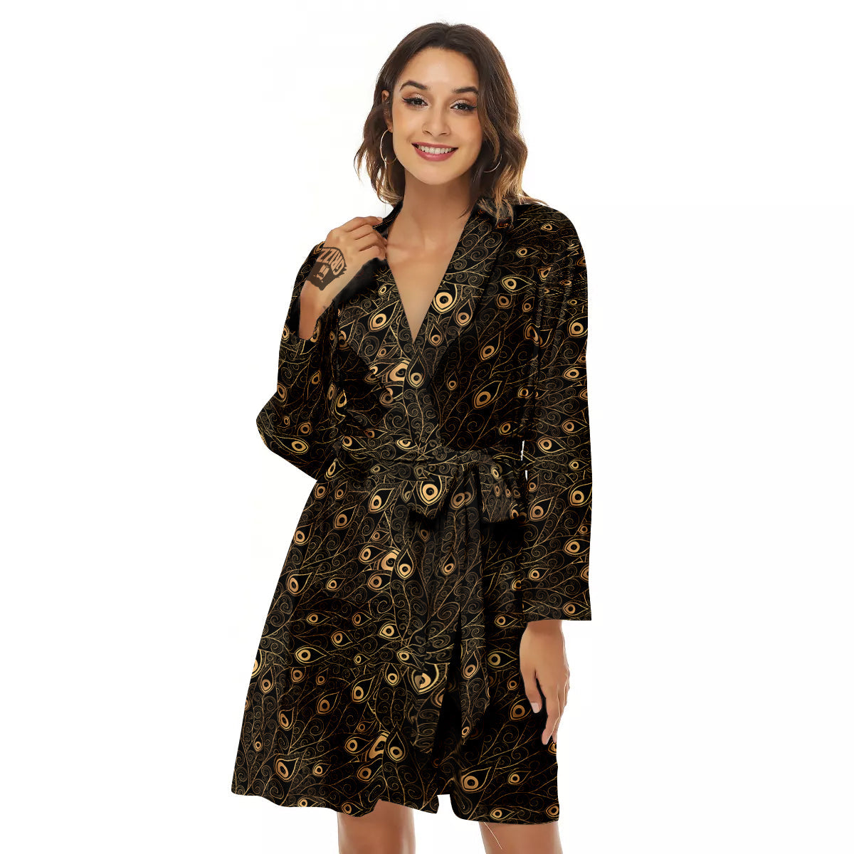 Feather Gold And Black Print Pattern Women's Robe-grizzshop