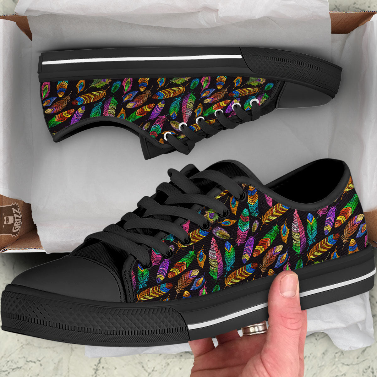 Feather Native Print Pattern Black Low Top Shoes-grizzshop