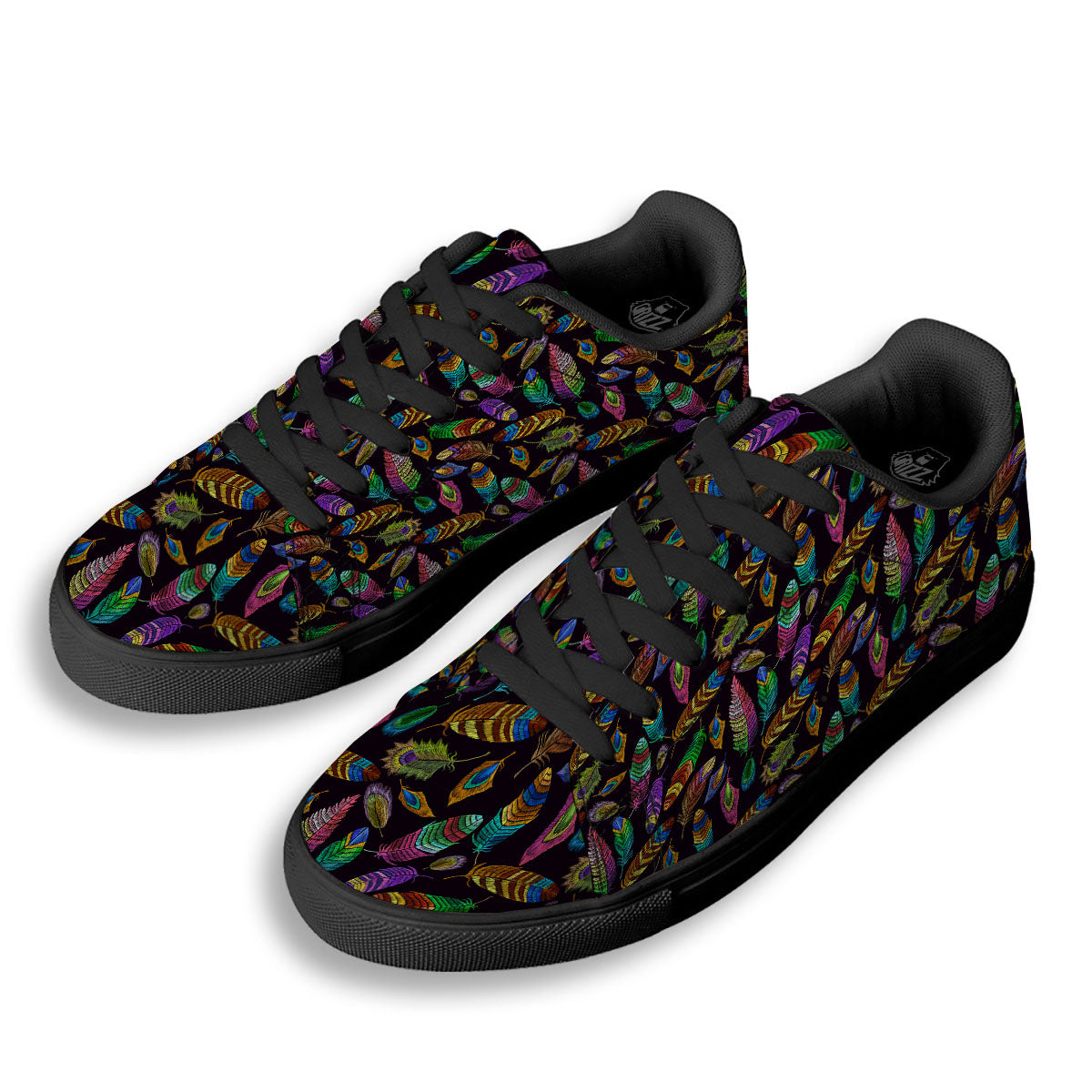 Feather Native Print Pattern Black Low Top Sneakers-grizzshop