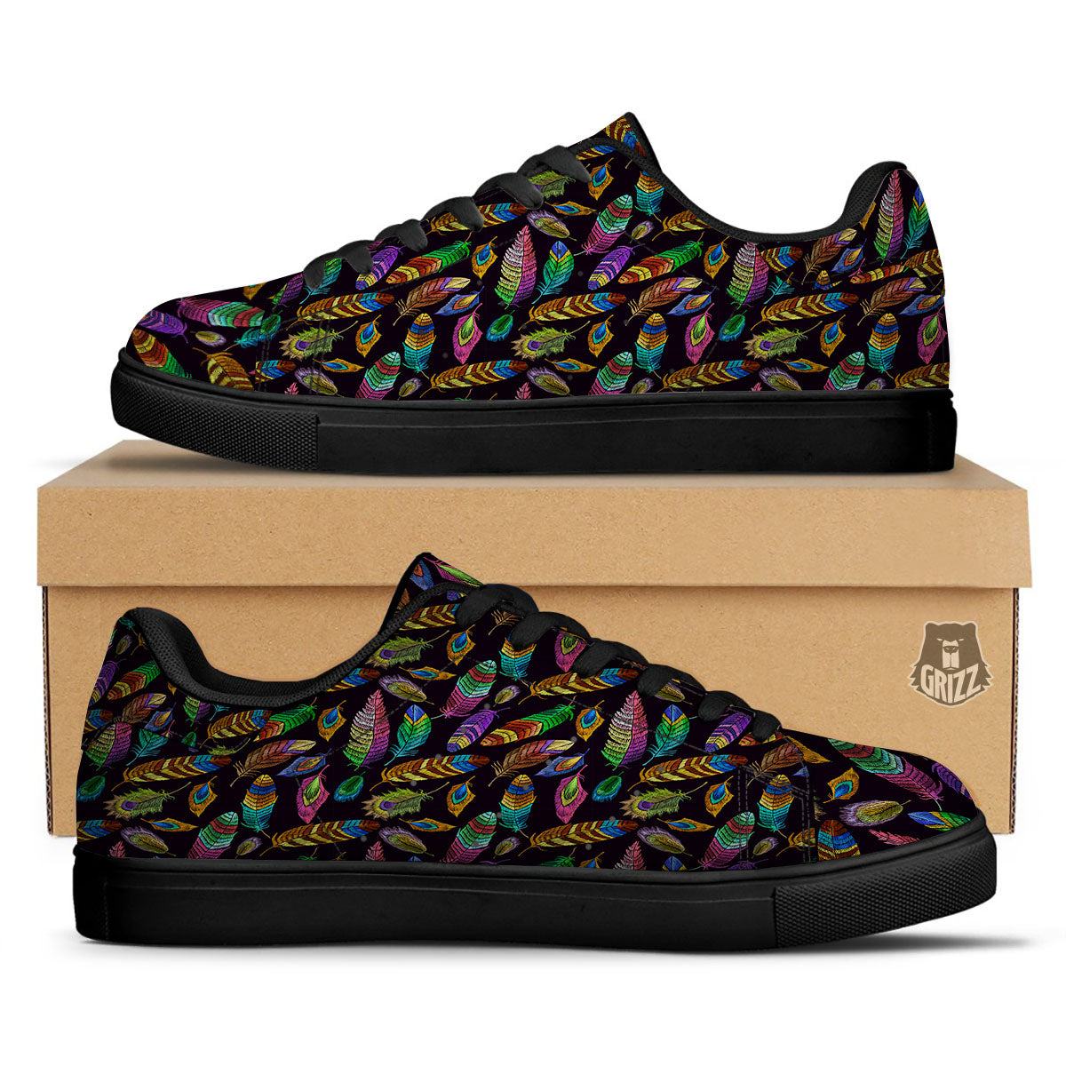 Feather Native Print Pattern Black Low Top Sneakers-grizzshop