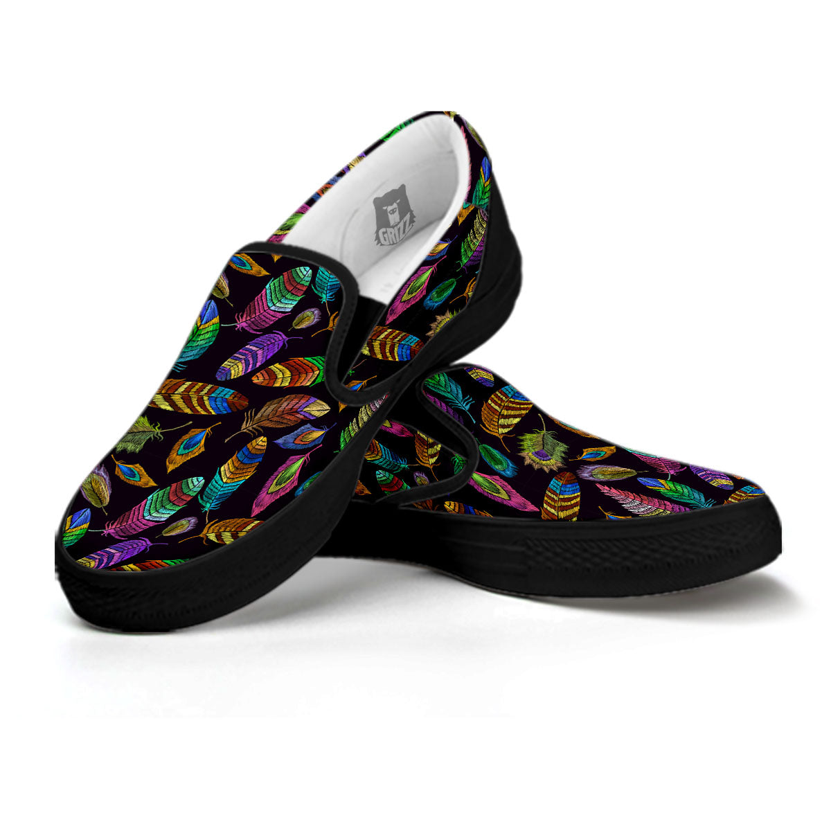 Feather Native Print Pattern Black Slip On Shoes-grizzshop