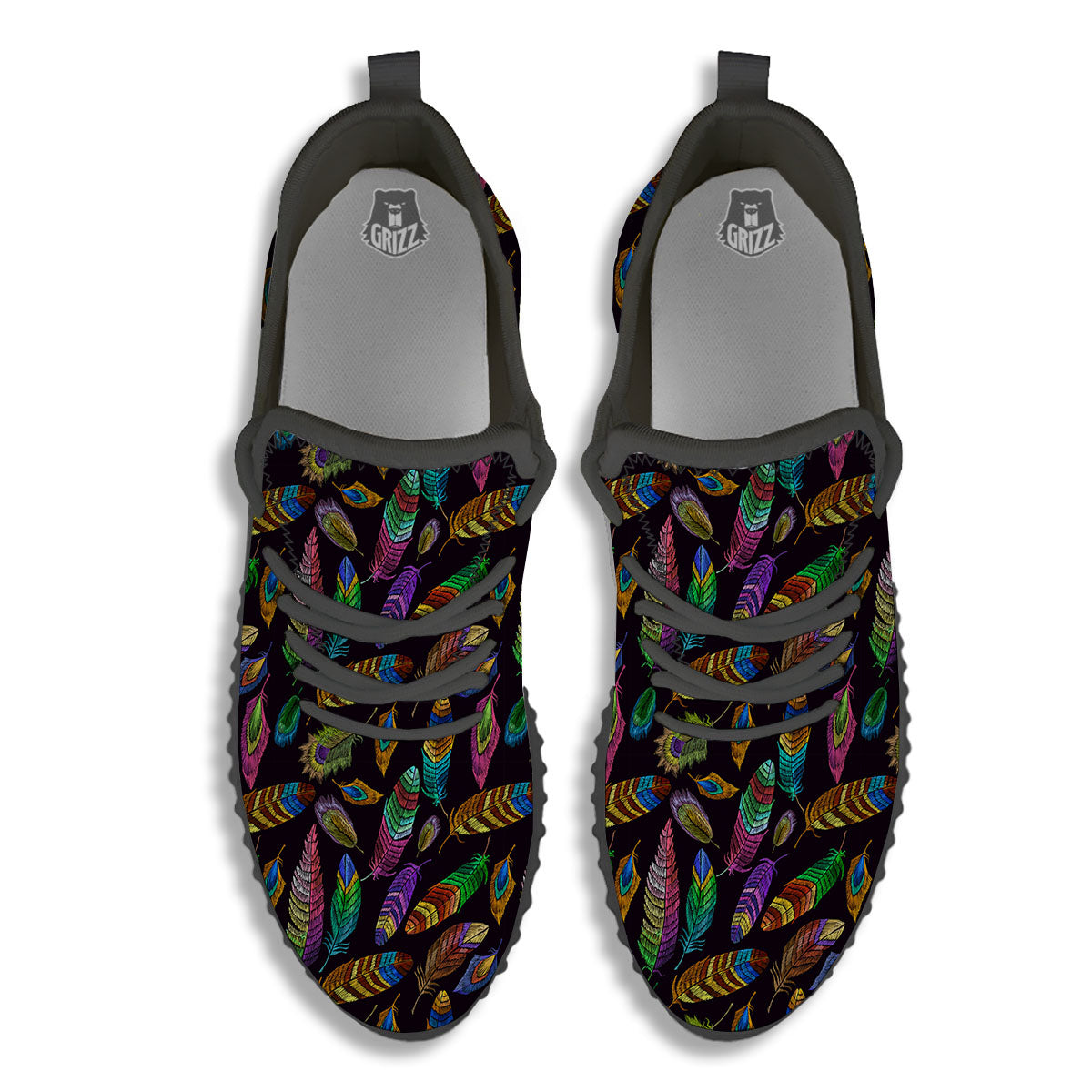 Feather Native Print Pattern Black Walking Shoes-grizzshop