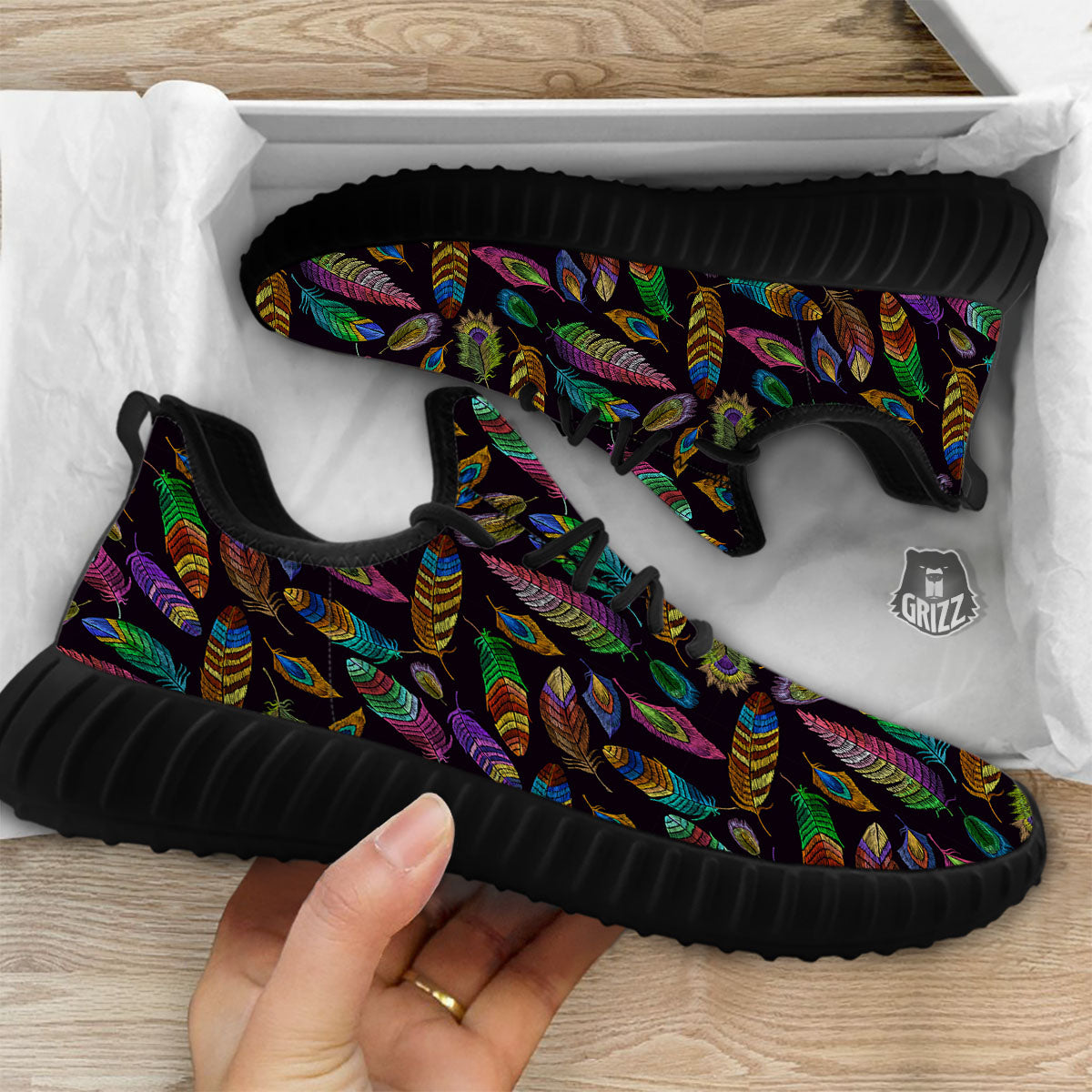 Feather Native Print Pattern Black Walking Shoes-grizzshop