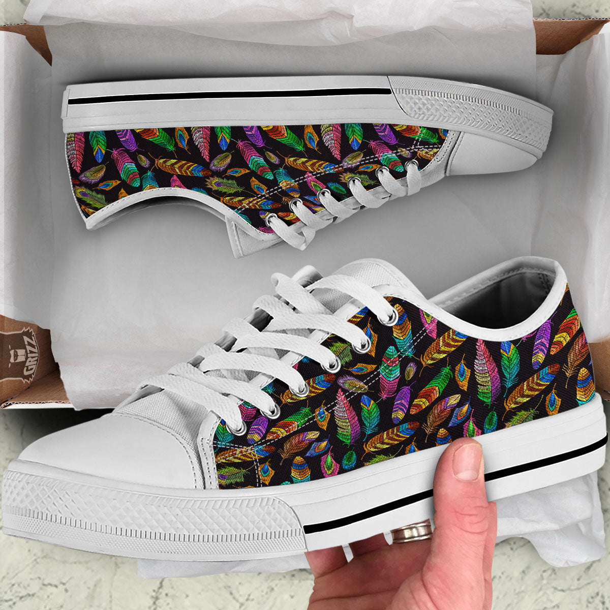 Feather Native Print Pattern White Low Top Shoes-grizzshop