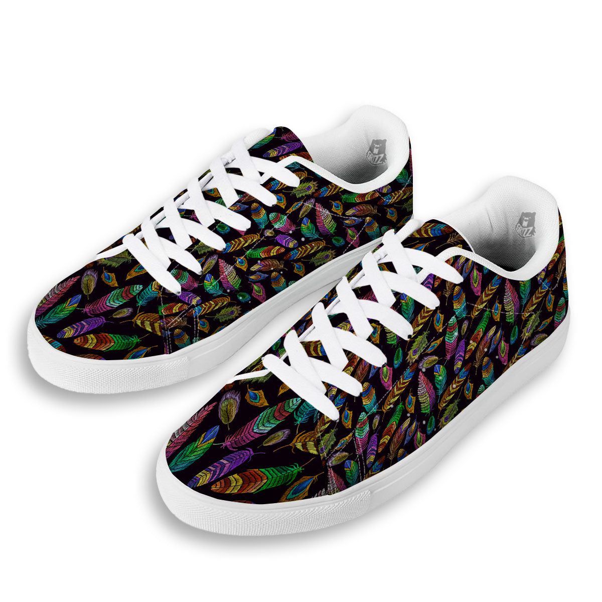 Feather Native Print Pattern White Low Top Sneakers-grizzshop