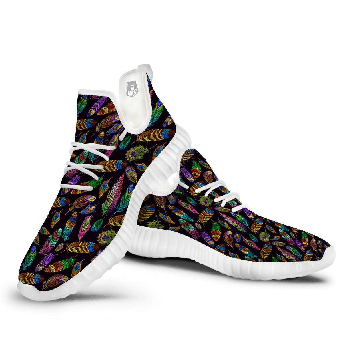 Feather Native Print Pattern White Walking Shoes-grizzshop