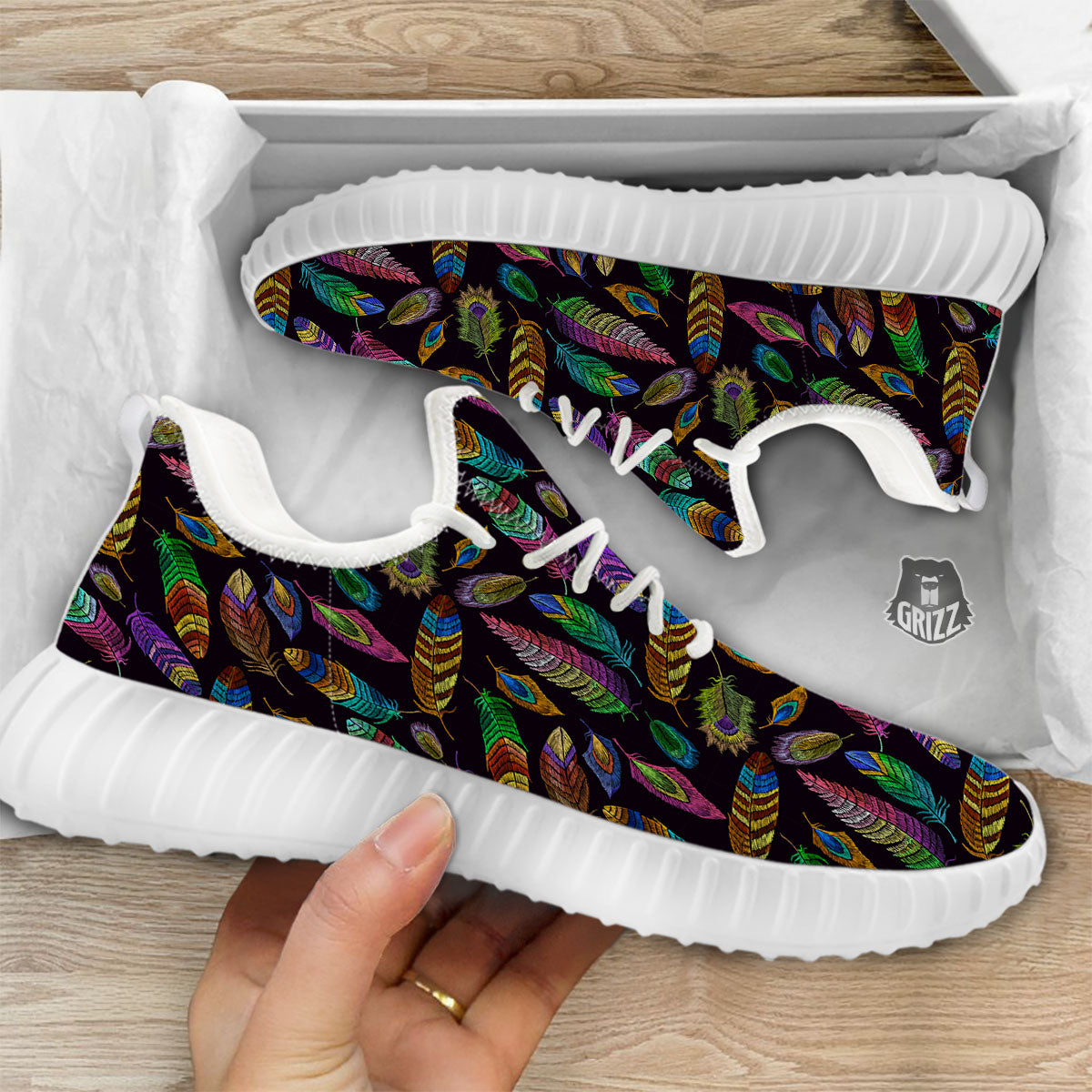 Feather Native Print Pattern White Walking Shoes-grizzshop