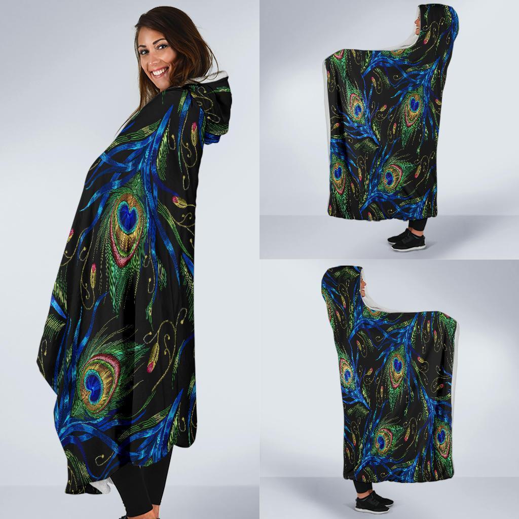 Feather Peacock Pattern Print Hooded Blanket-grizzshop