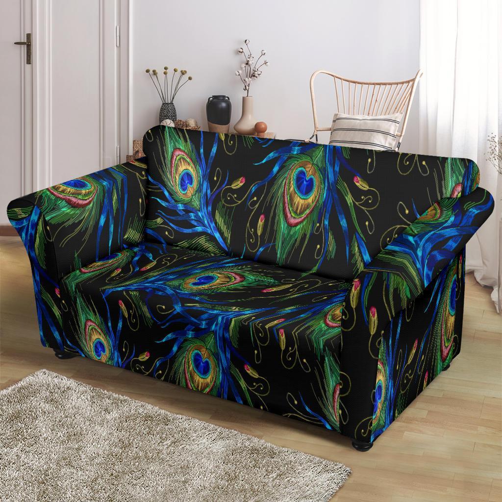 Feather Peacock Pattern Print Loveseat Cover-grizzshop