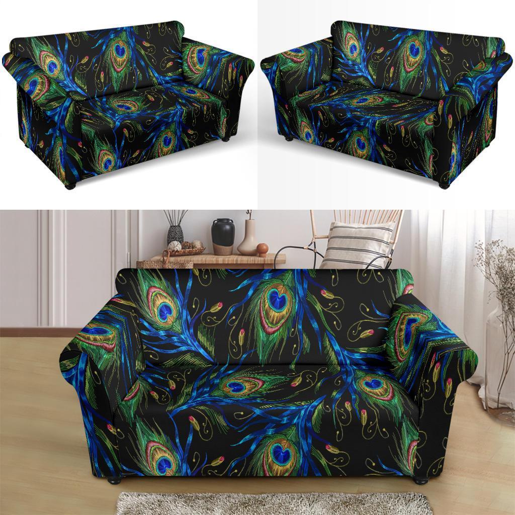 Feather Peacock Pattern Print Loveseat Cover-grizzshop