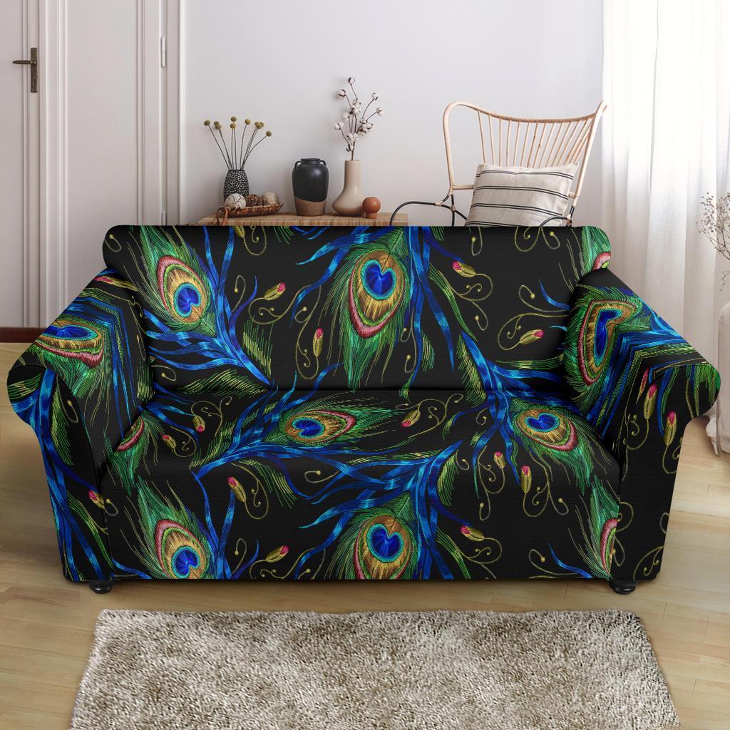 Feather Peacock Pattern Print Loveseat Cover-grizzshop