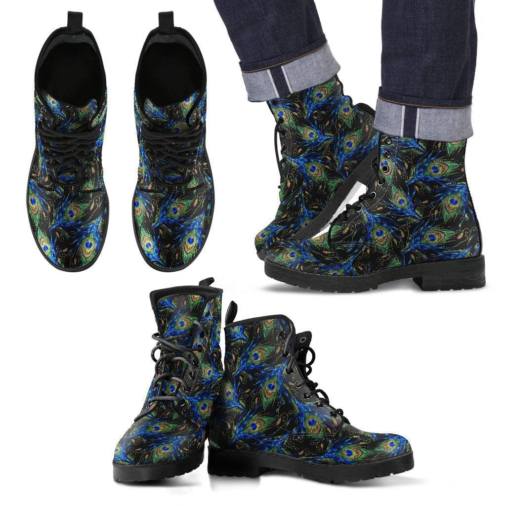 Feather Peacock Pattern Print Men Women Leather Boots-grizzshop