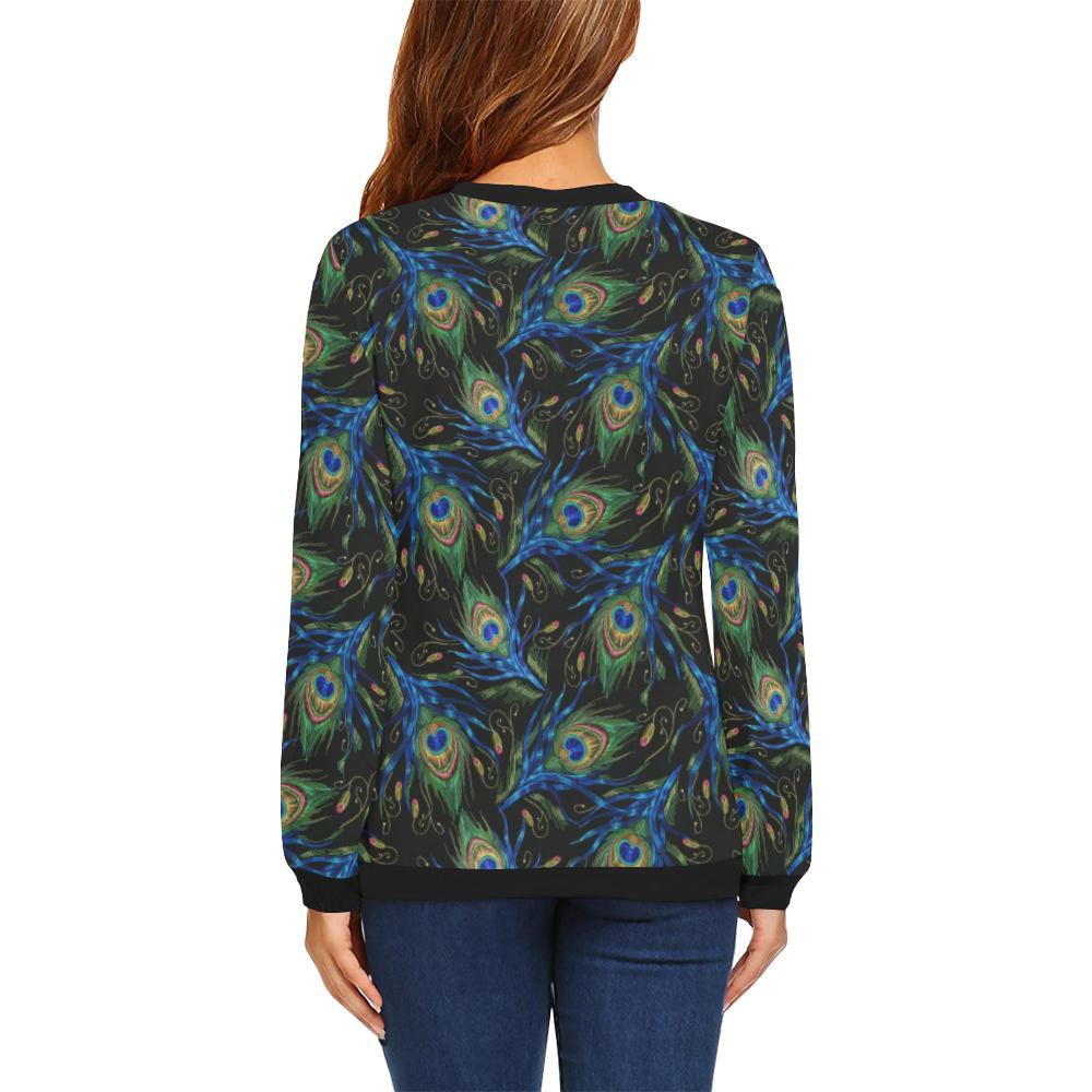 Feather Peacock Pattern Print Women Crewneck Sweatshirt-grizzshop