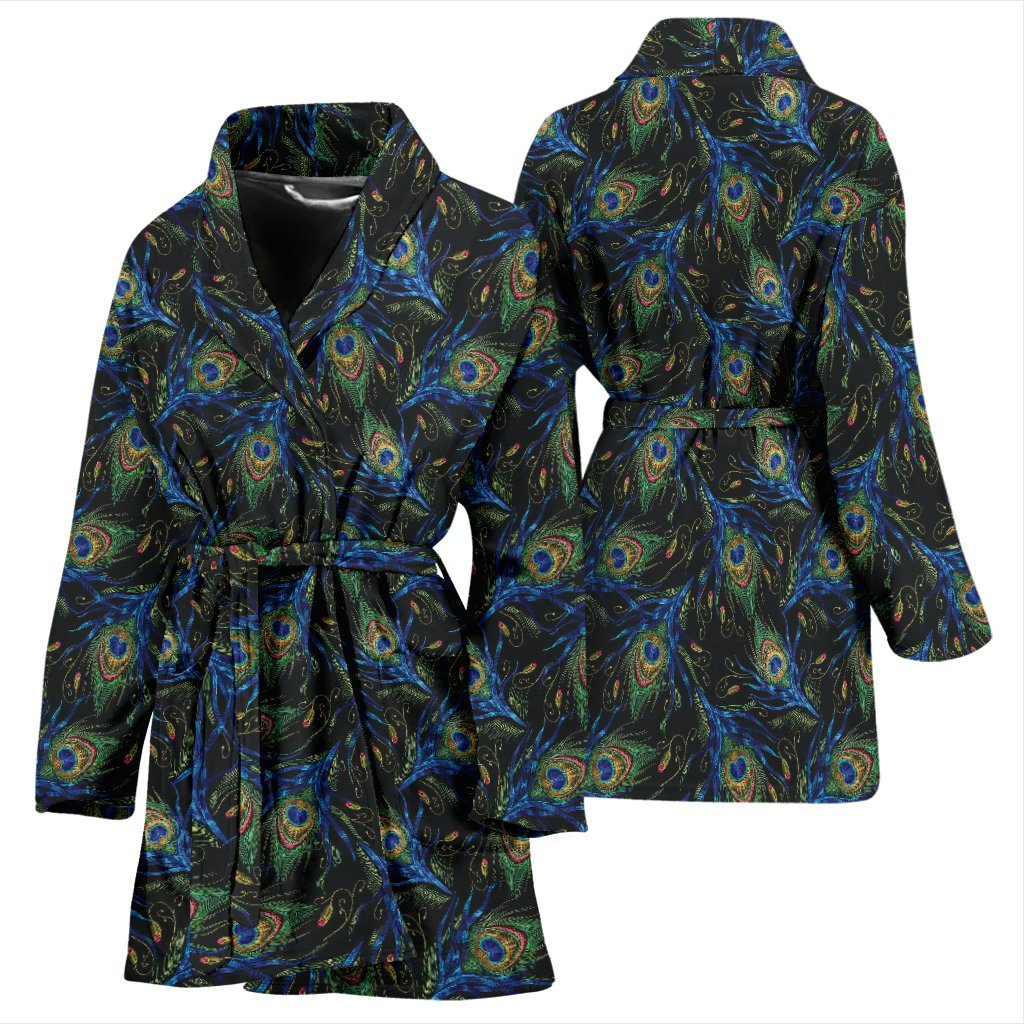 Feather Peacock Pattern Print Women Long Robe-grizzshop