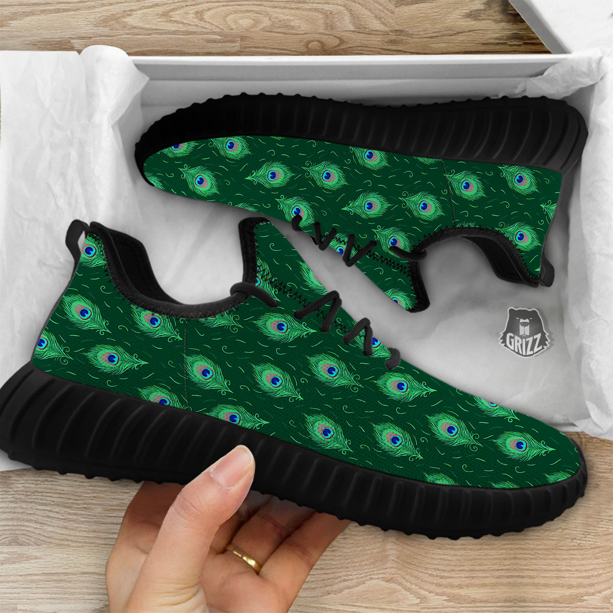 Feather Peacock Print Pattern Black Walking Shoes-grizzshop